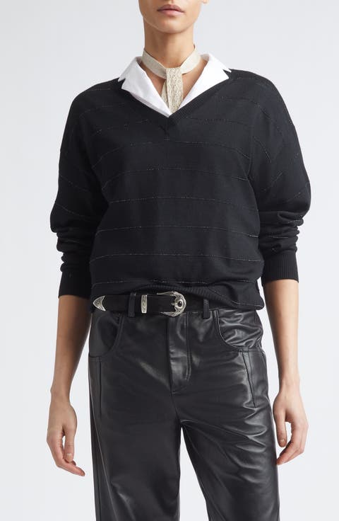 Metallic Stripe Wool V-Neck Sweater