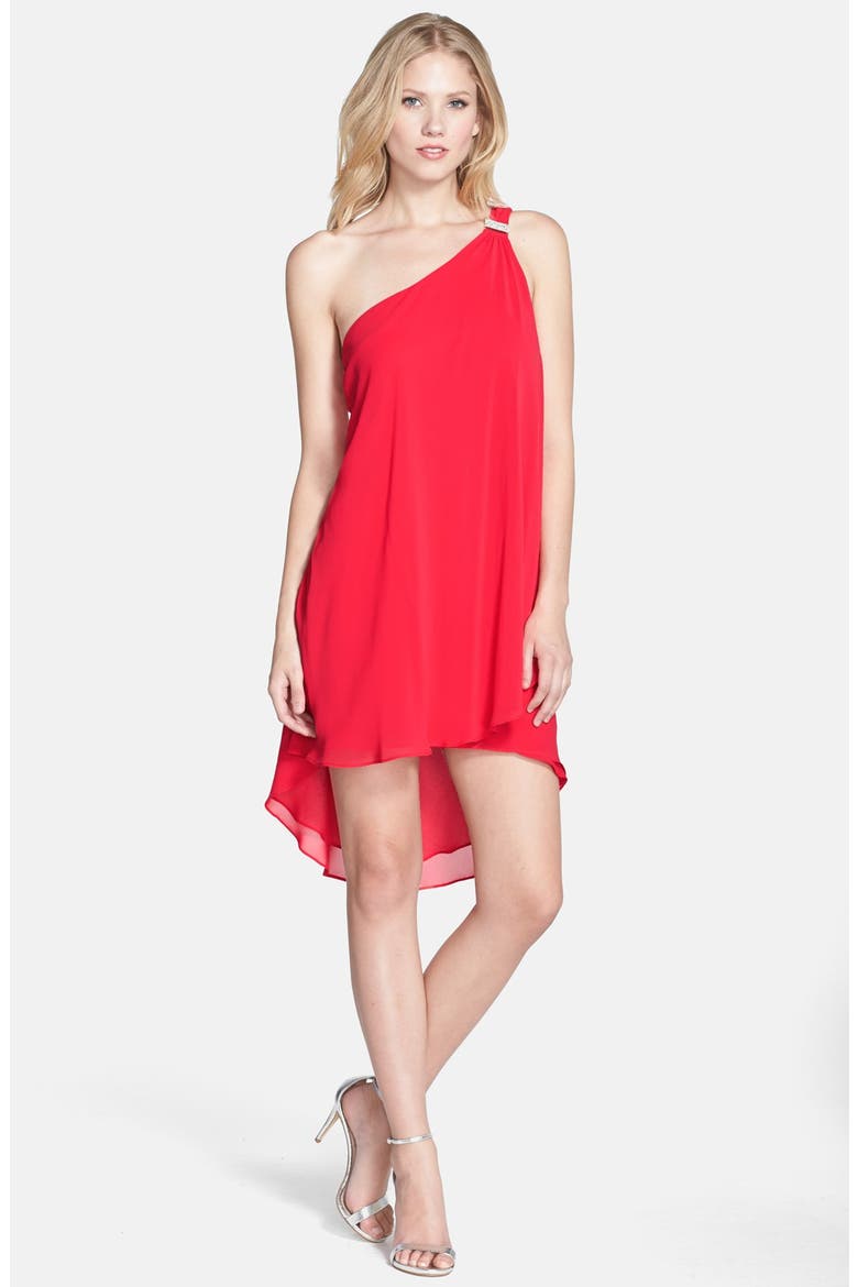 Asymmetrical Layered Chiffon One-Shoulder Dress, Main, color, BARBERRY