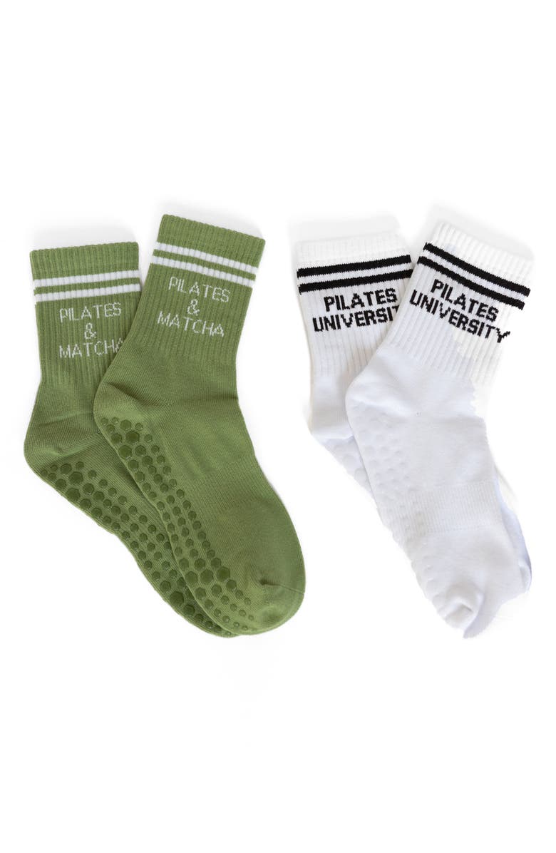 Pilates University 1883 Assorted 2-Pack Classic Nonslip Grip Crew Socks, Main, color, White/ Olive