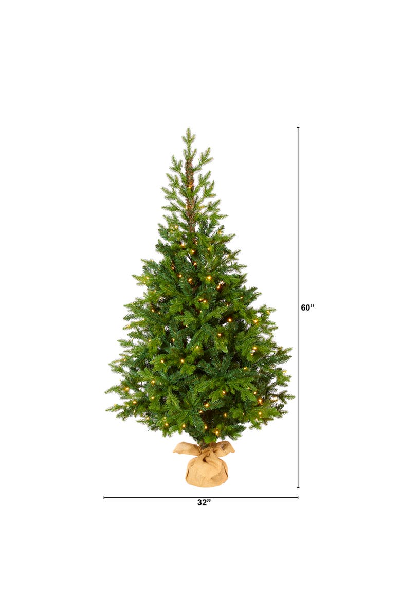 NEARLY NATURAL 5-ft Fraser Fir Natural Look Artificial Christmas Tree with 190 Clear LED Lights, a Burlap Base and 1217 Bendable Branches, Alternate, color, Green