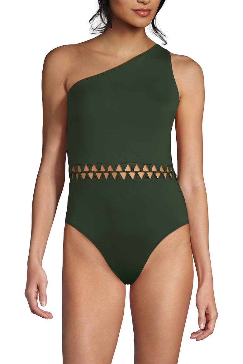 Macrame One Shoulder High Leg One Piece Swimsuit, Alternate, color, Rich Olive Green