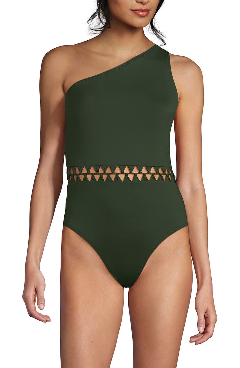 Lands' End Macrame One Shoulder High Leg One Piece Swimsuit, Alternate, color, Rich Olive Green