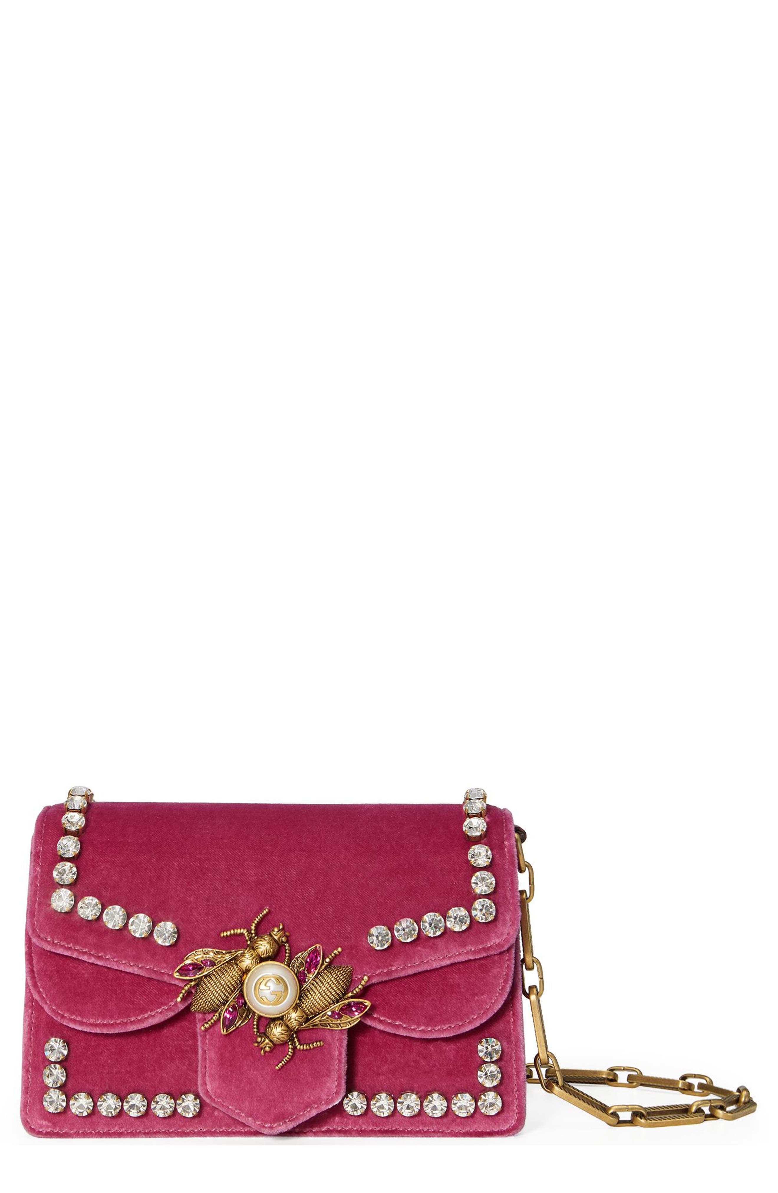 Broadway Bee Velvet Shoulder Bag, Main, color, PINK