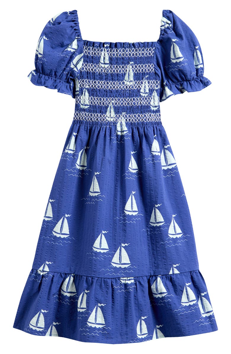 Mini Rodini Kids' Sailboat Print Smocked Organic Cotton Dress, Main, color, Blue