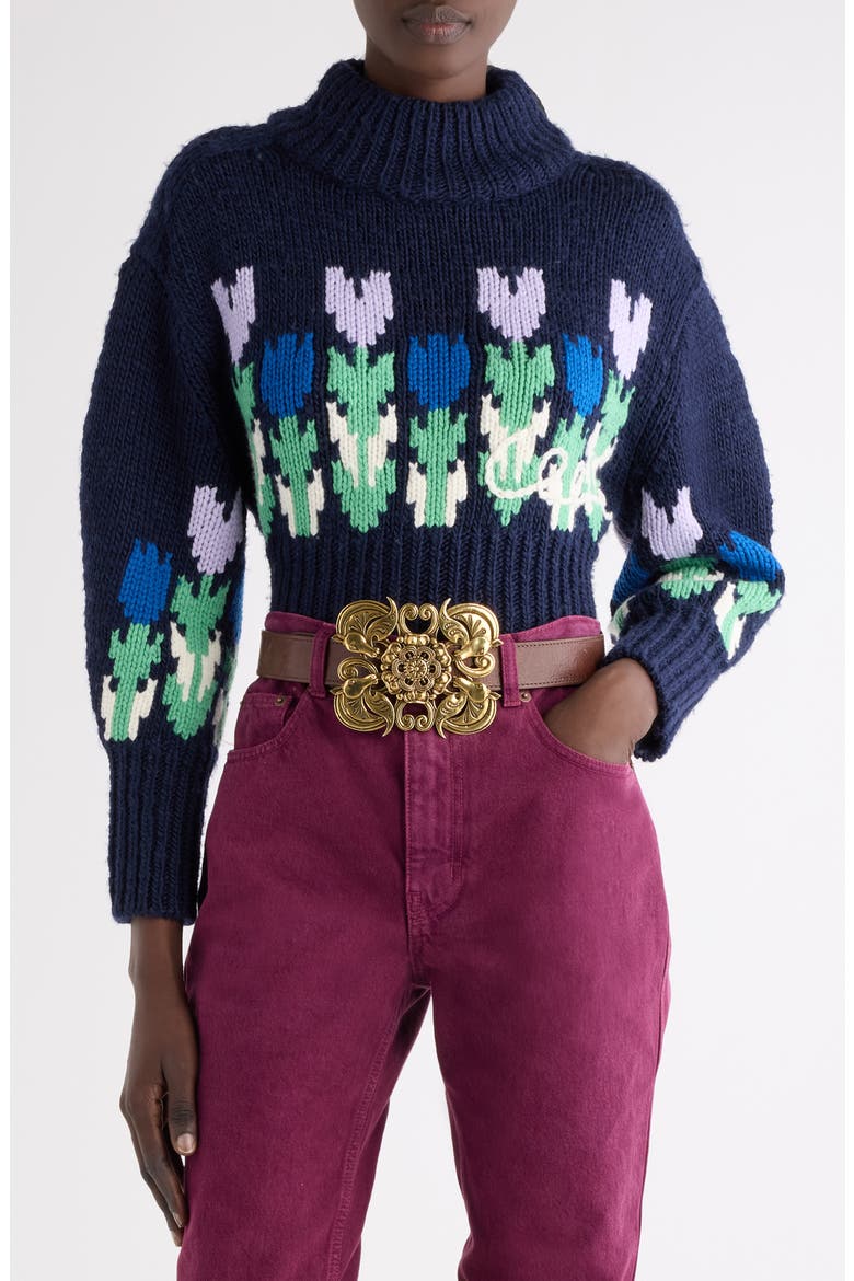 Graphic Floral Crop Wool Sweater, Main, color, DARK NAVY