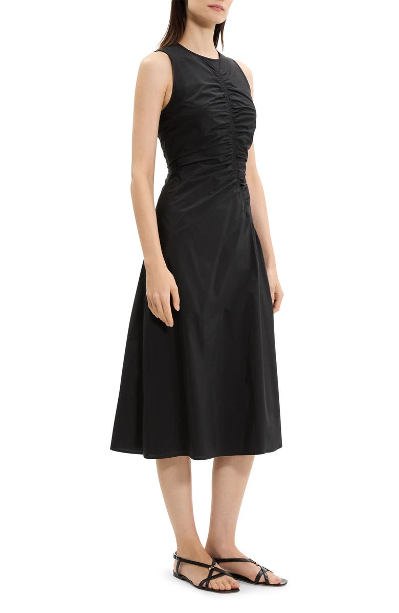 Theory Asymmetric Ruched Sleeveless Midi Dress, Alternate, color, Black