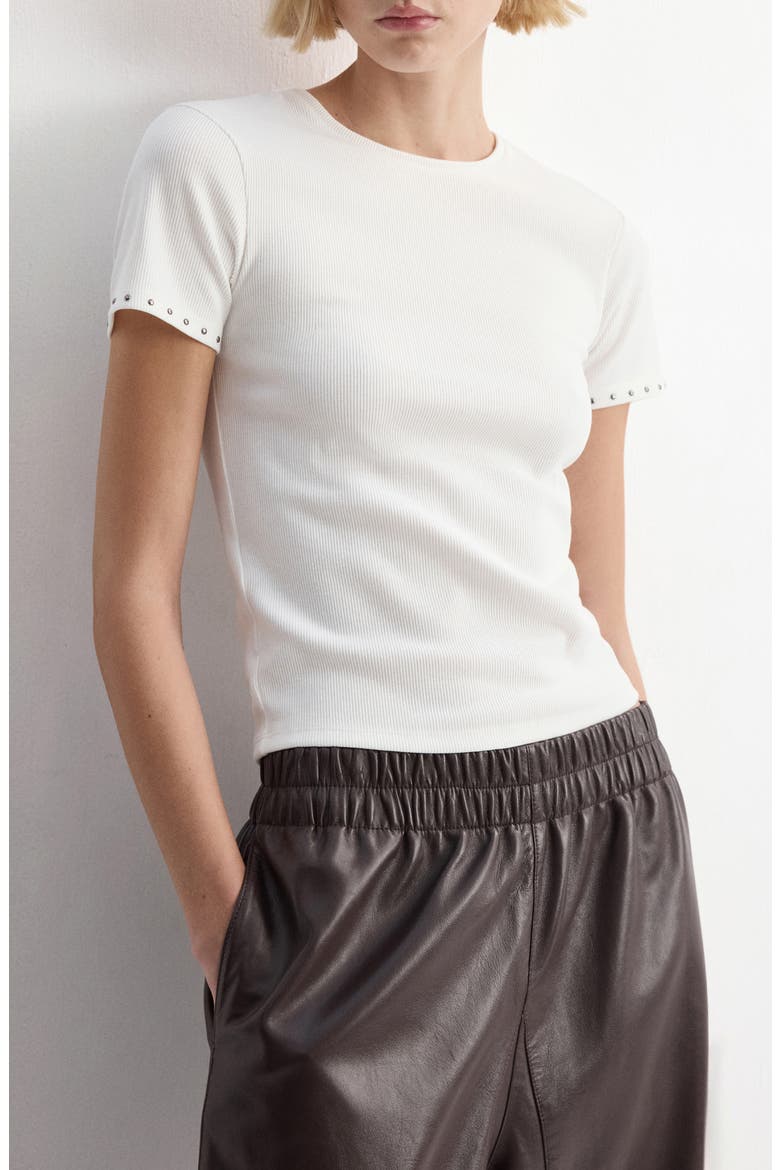 Studded Trim Stretch Cotton Blend Rib Crop T-Shirt, Main, color, WHITE