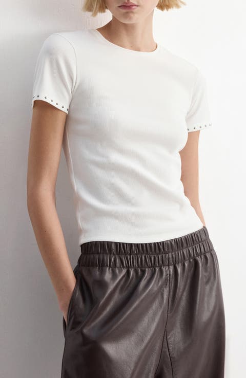 <p>Studded Trim Stretch Cotton Blend Rib Crop T-Shirt</p>