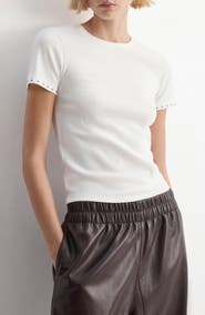 MANGO Studded Trim Stretch Cotton Blend Rib Crop T-Shirt