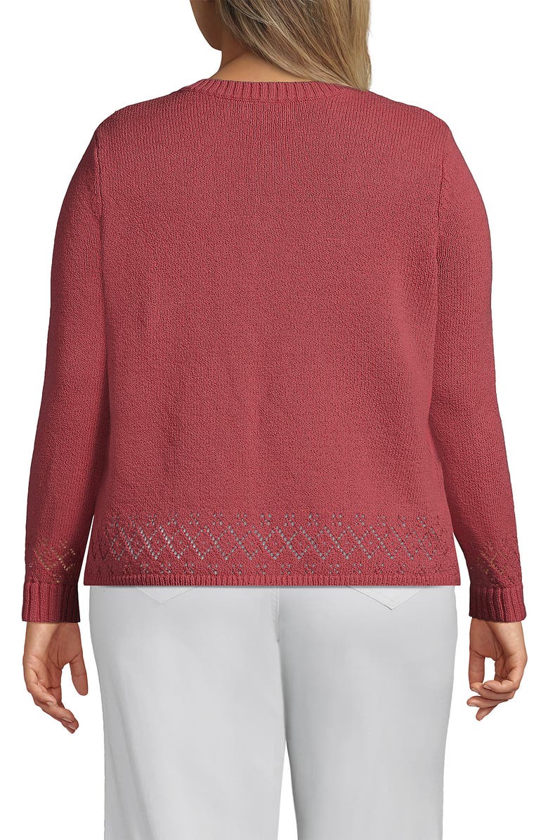 Lands' End Plus Size Pointelle Crew Neck Cardigan Sweater, Alternate, color, Soft Mojave Rose
