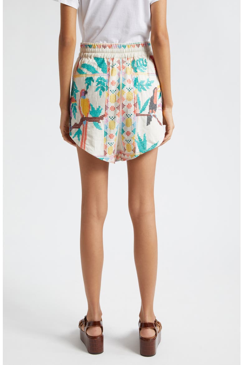 Stitched Birds Pull-On Linen Blend Shorts, Alternate, color, STITCHED BIRDS SCARF OFF-WHITE