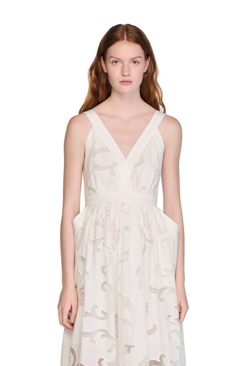 Openwork floral cotton midi dress, Alternate, color, Ecru