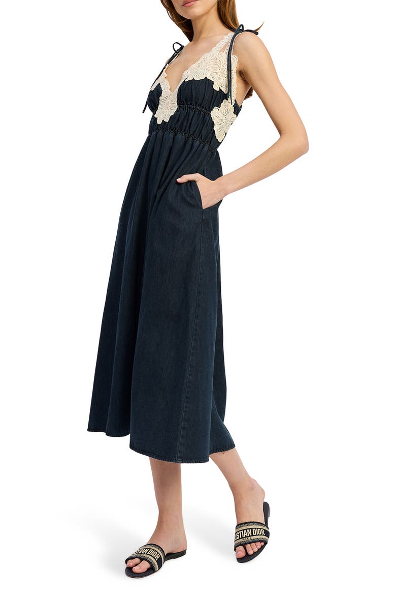 Natalia Lace Trim Shirred Midi Dress, Alternate, color, VINTAGE INDIGO