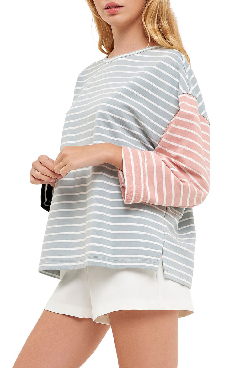English Factory Colorblock Stripe Long Sleeve Stretch Cotton Top, Alternate, color, Pistachio Multi