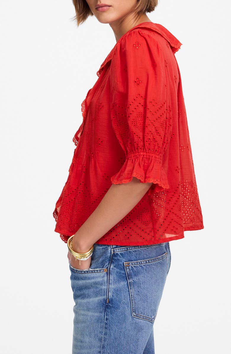 Madewell Pintuck Ruffle Puff Sleeve Top, Alternate, color, Cerise