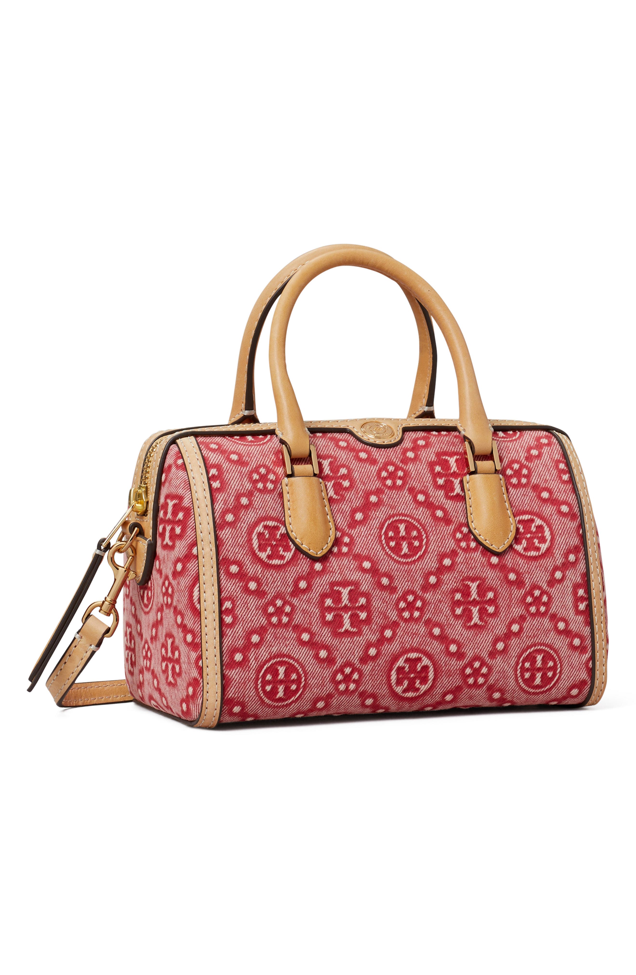 Tory Burch Petite T Monogram Jacquard Barrel Bag, Alternate, color, Brilliant Red