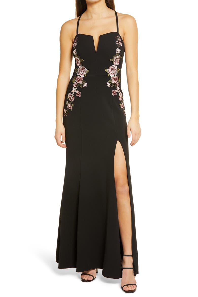 Rose Appliqué Crepe Gown, Main, color, BLACK