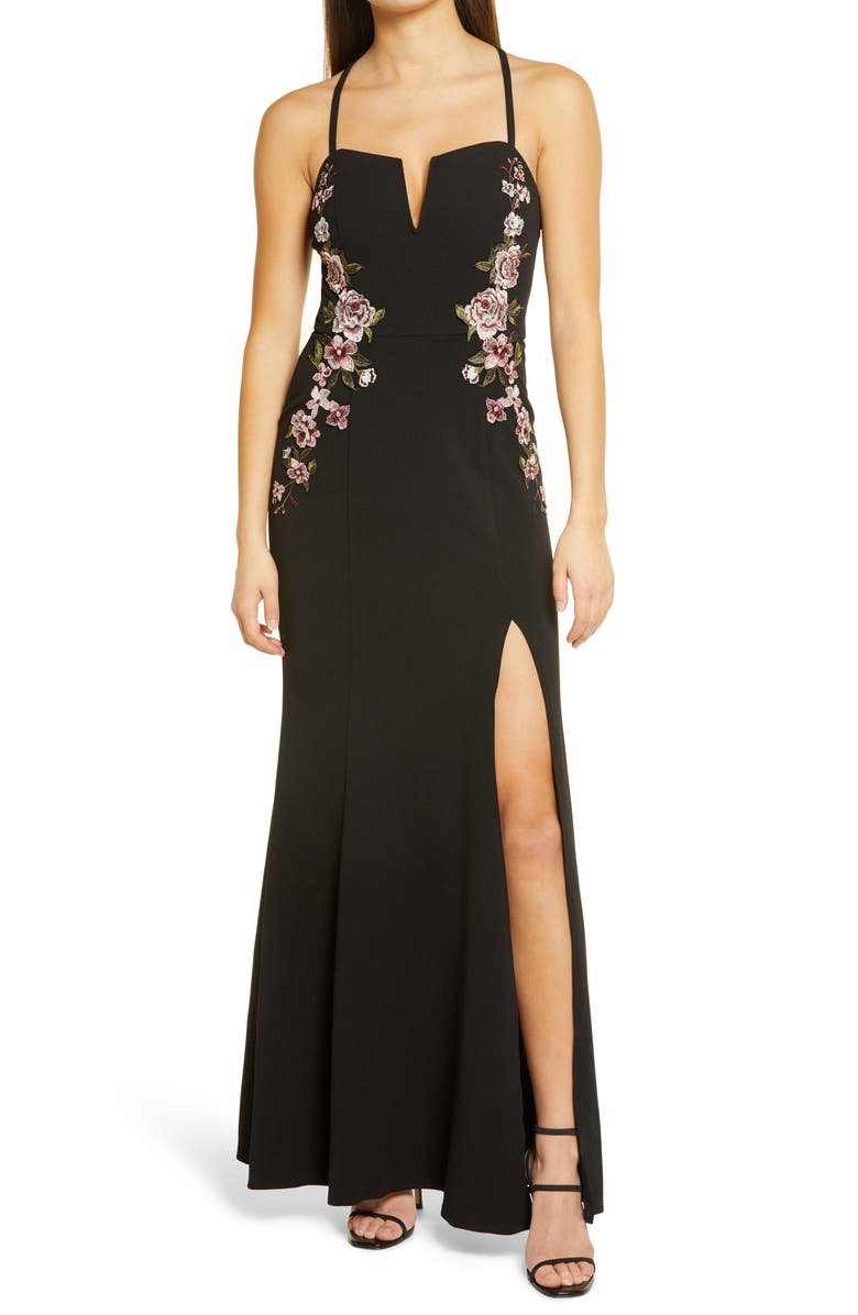 Speechless Rose Appliqué Crepe Gown, Main, color, 
