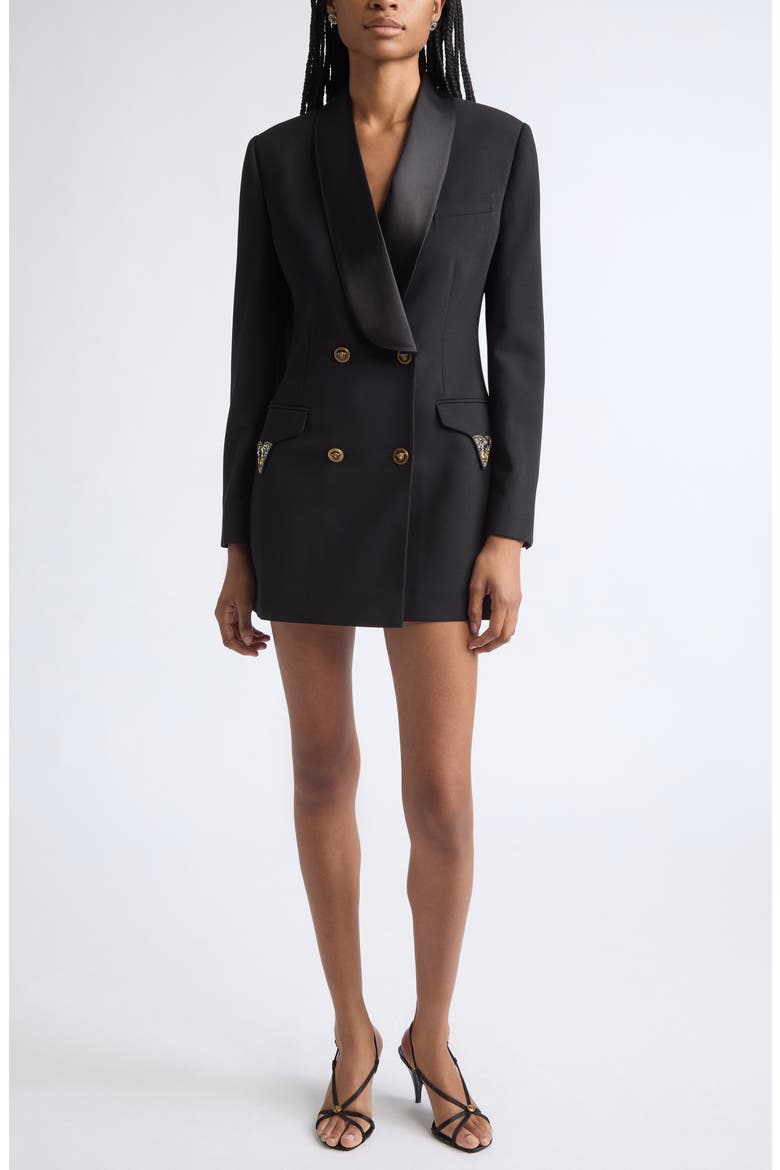 Satin Trim Stretch Wool Jacket Minidress, Main, color, BLACK