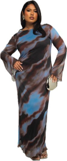 Long Sleeve Abstract Mesh Maxi Dress
