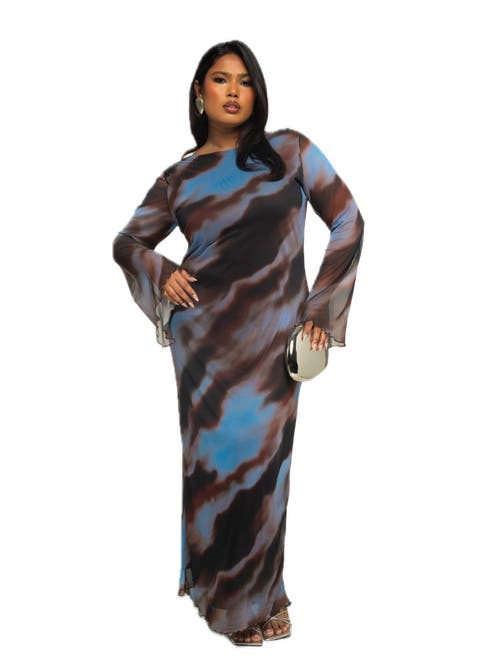 FASHION-SZN CURVE FASHION-SZN CURVE LONG SLEEVE ABSTRACT MESH MAXI DRESS