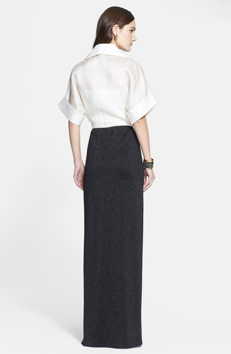 St. John Collection Liquid Satin & Shimmer Milano Knit Faux Wrap Gown, Alternate, color, 