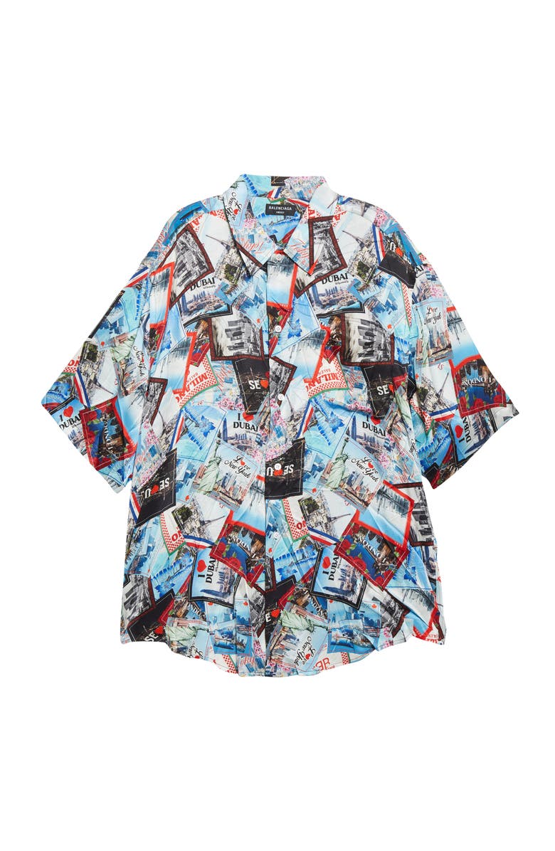 Balenciaga Allover Cities Print Silk Button-Up Shirt, Alternate, color, 