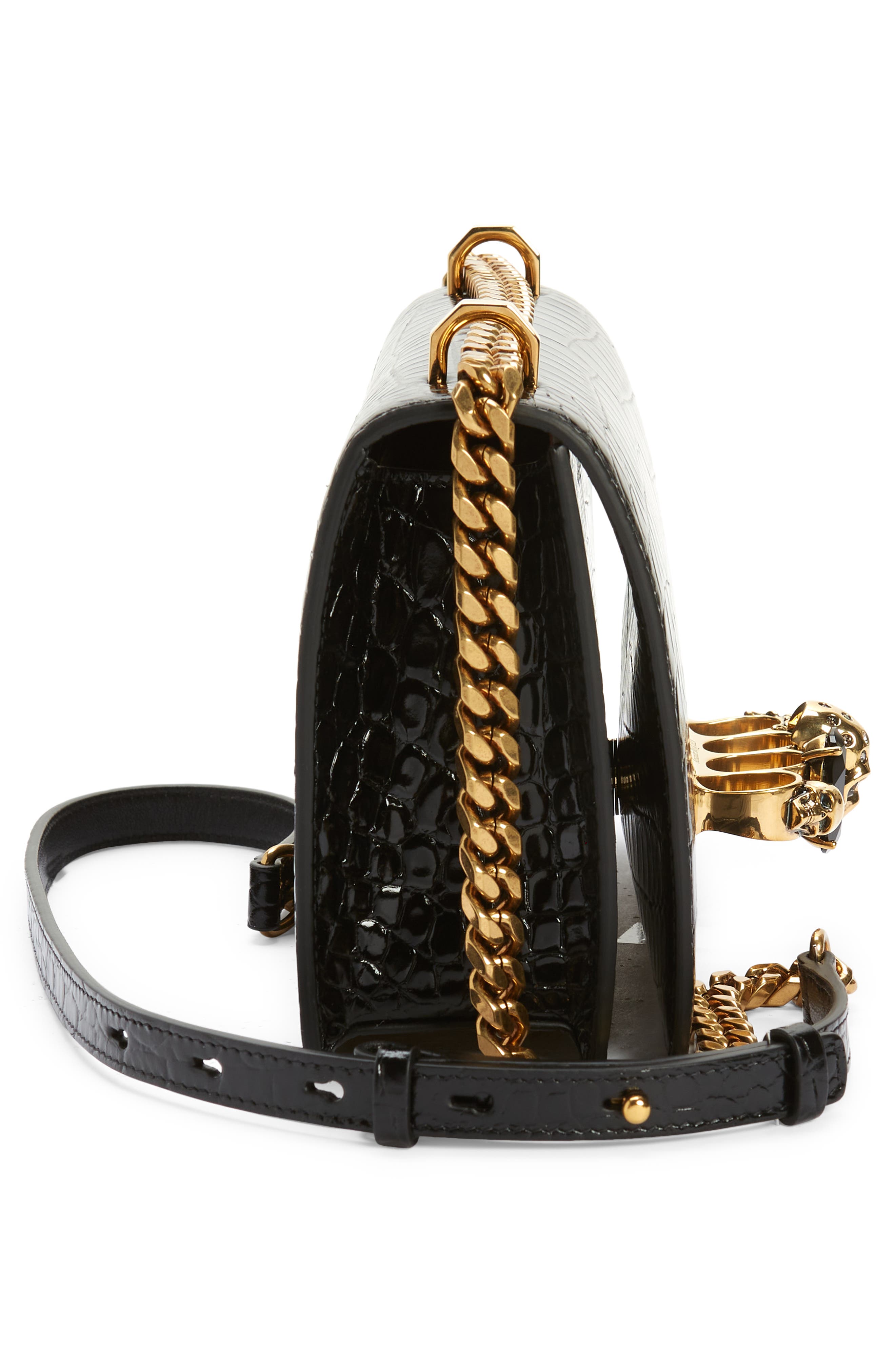 Alexander McQueen Jewelled Knuckle Croc Embossed Leather Crossbody Bag, Alternate, color, BLACK