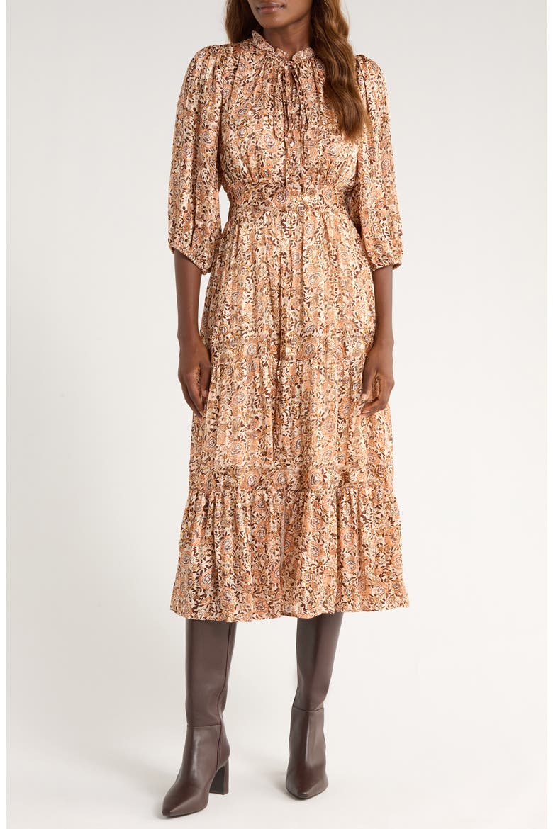 Print Long Sleeve Tiered Maxi Dress, Main, color, TAUPE FLORAL
