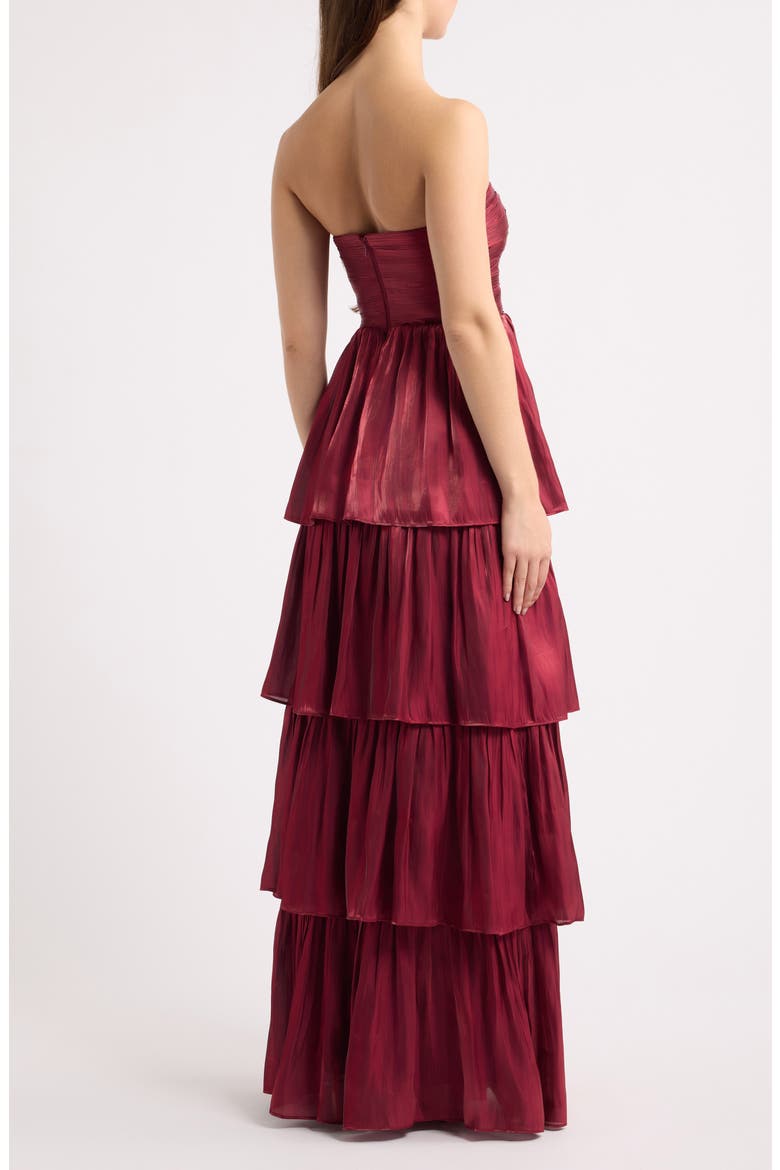 Bella Strapless Tiered Satin Gown, Alternate, color, BURGUNDY