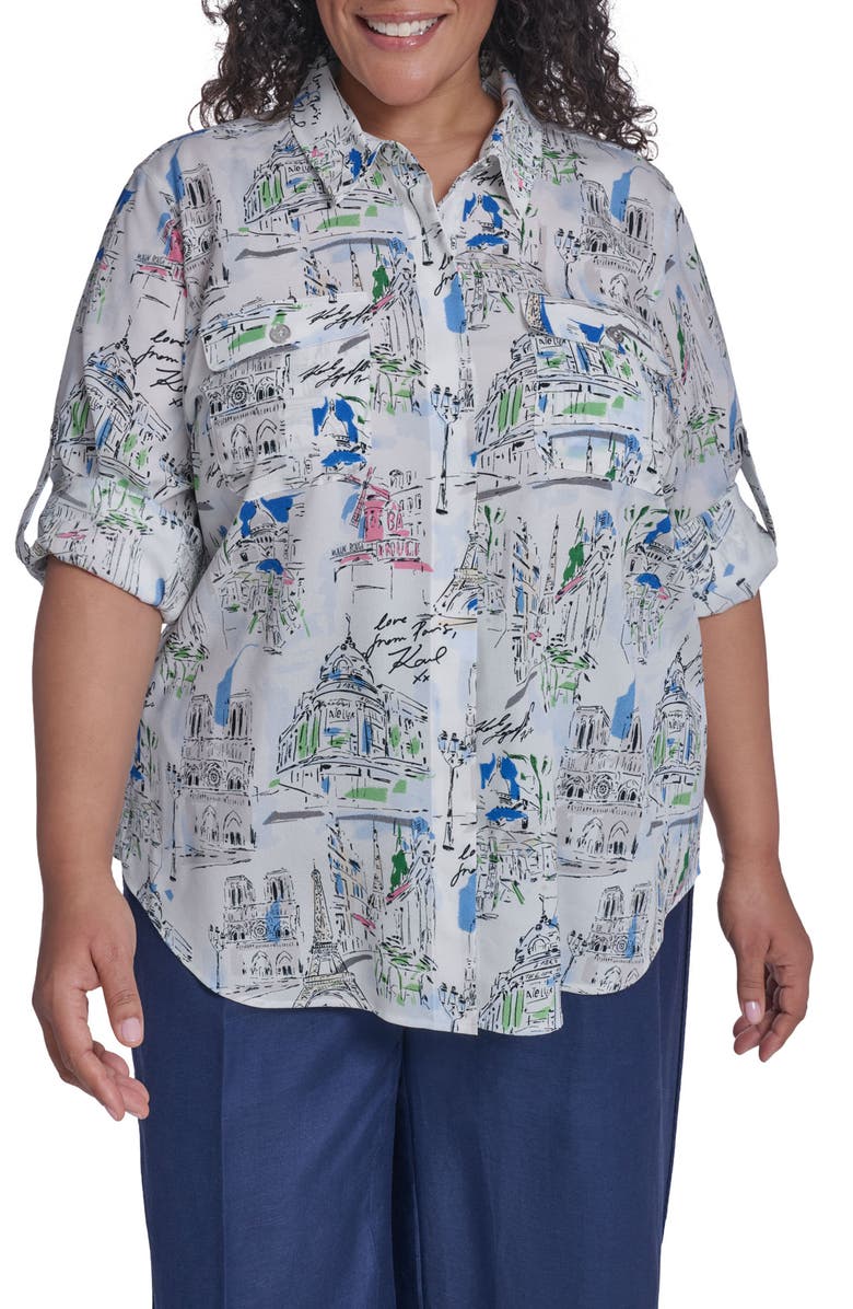 KARL LAGERFELD PARIS Oversize Printed Button-Up Shirt, Alternate, color, Soft White Multi
