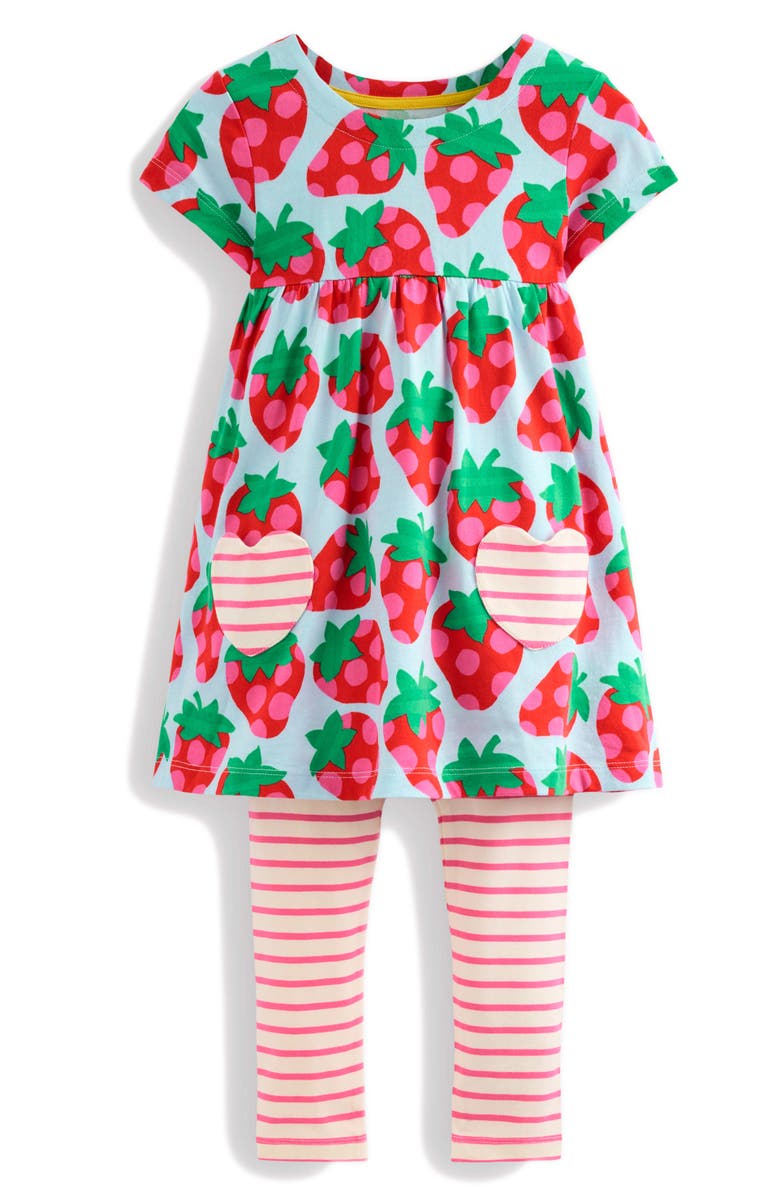 Mini Boden Kids' Strawberry Print Cotton Jersey Tunic Dress & Stripe Leggings Set, Main, color,
