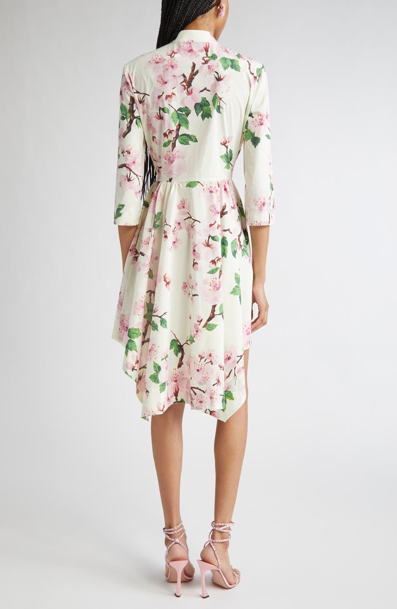 Oscar de la Renta Cherry Blossom Asymmetric Hem Stretch Poplin Shirtdress, Alternate, color, Ecru/ Pink