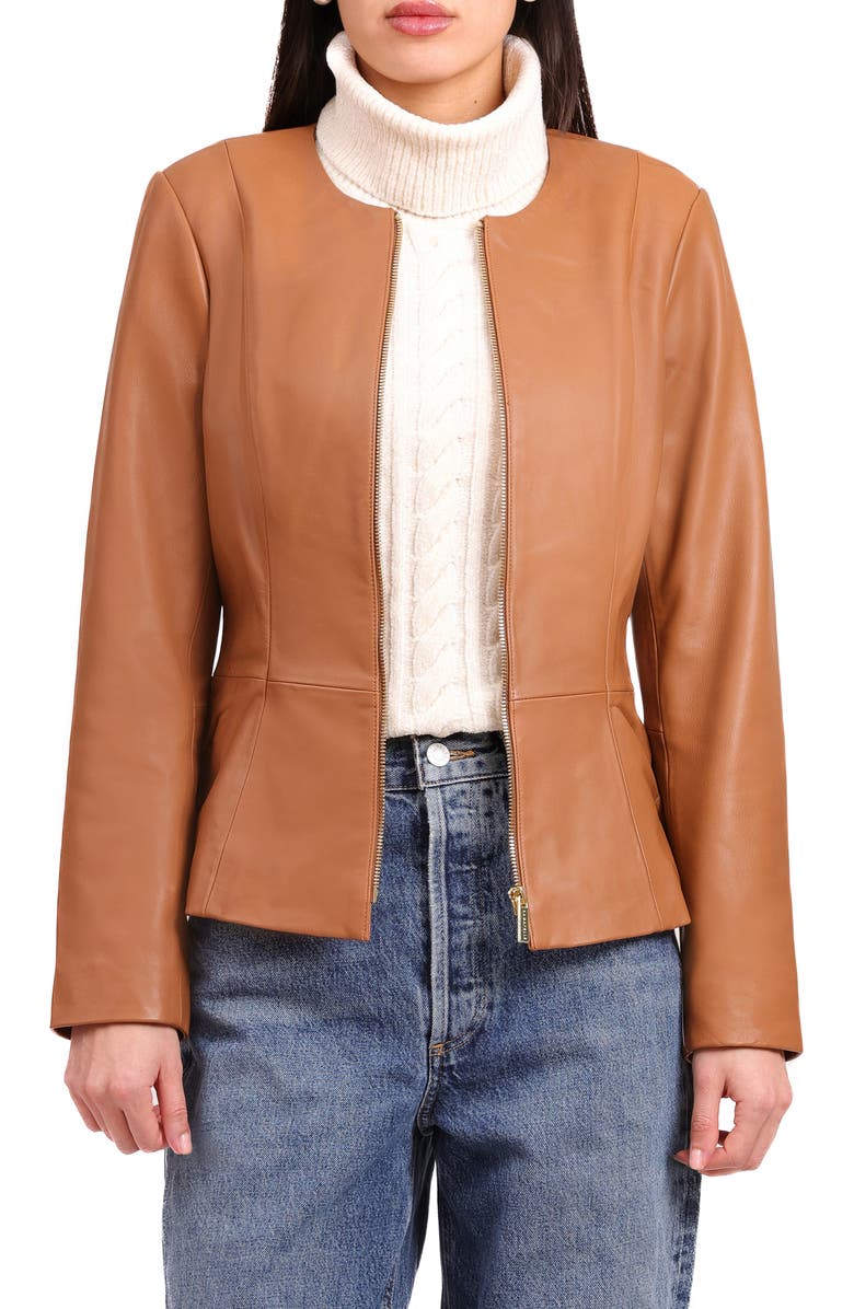Bagatelle Genuine Leather Zip Front Peplum Jacket, Main, color, Cognac