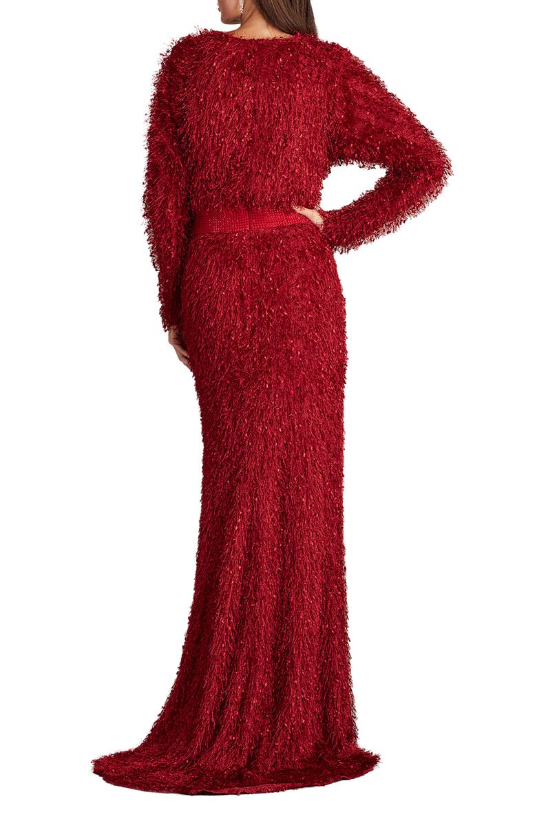 Tadashi Shoji Allover Fringe Long Sleeve Gown, Alternate, color, 