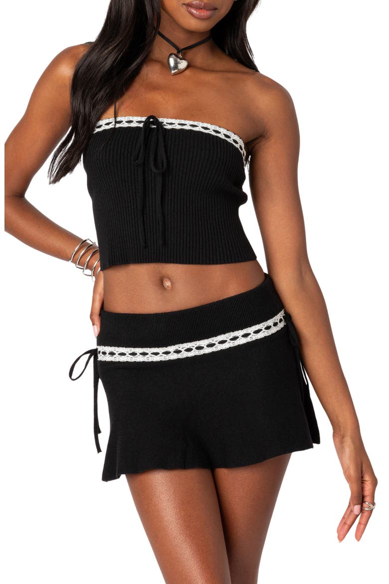 Khloe Lace Ribbon Rib Tube Top, Main, color, BLACK