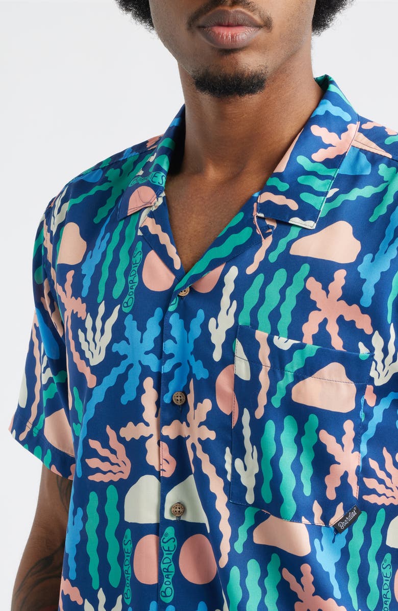Boardies Print Short Sleeve Button-Up Camp Shirt, Alternate, color, Blue Multi