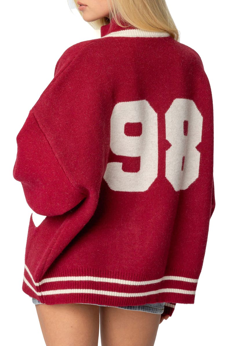 EDIKTED 98 Varsity Zip Sweater, Alternate, color, Burgundy