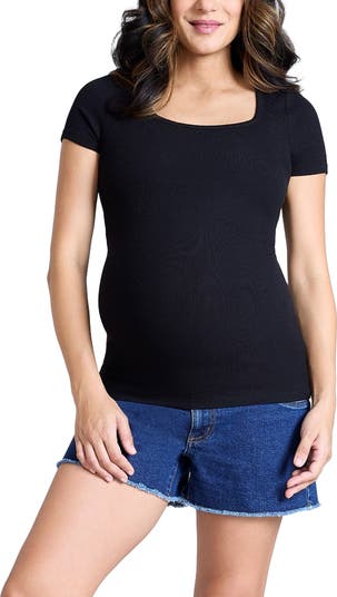 売れ筋商品|||マザーフッドマタニティ カットソー トップス レディース Maternity Square Neck Rib Knit Short Sleeve Top - Motherhood Black MOTHERHOOD MATERNITY Square Neck Rib Knit Short Sleeve Top