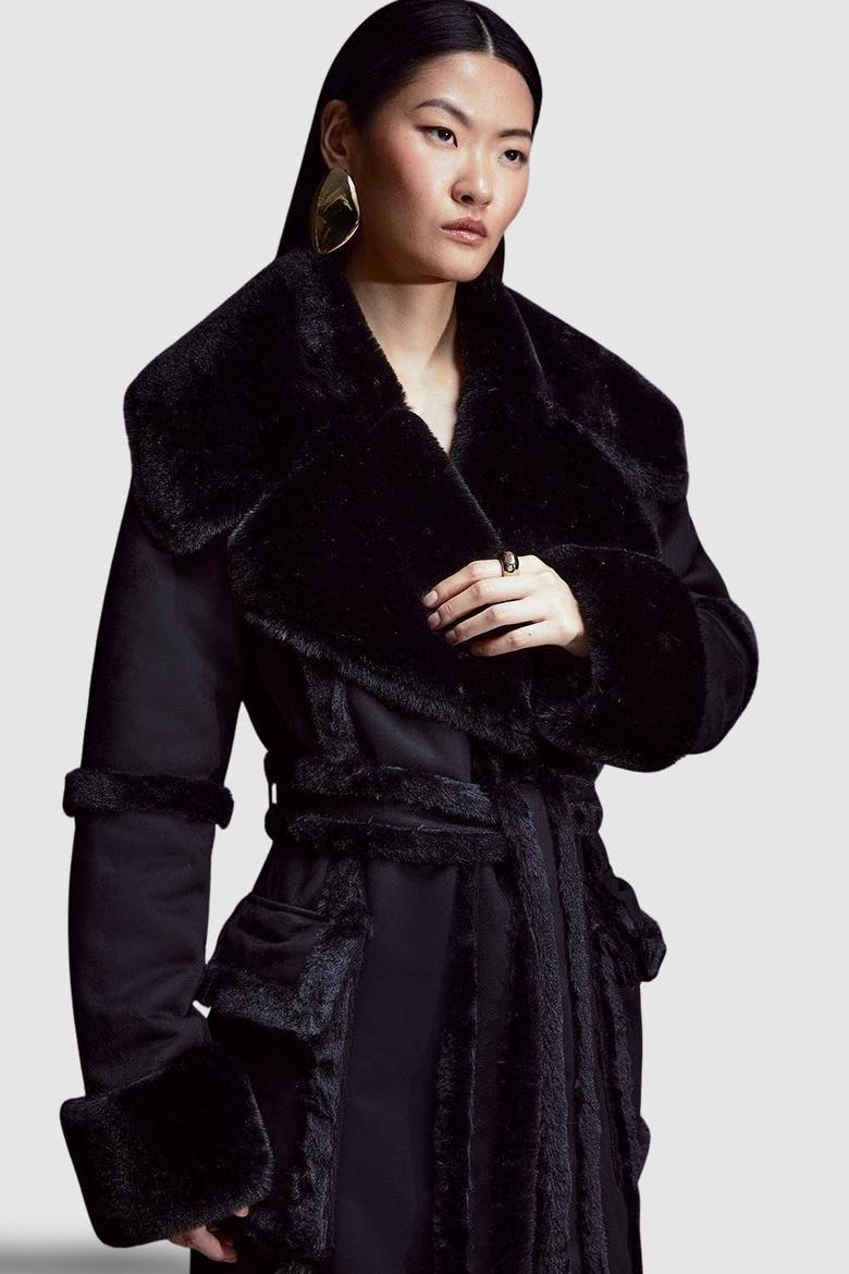 Faux Shearling Belted Maxi Coat, Alternate, color, Black