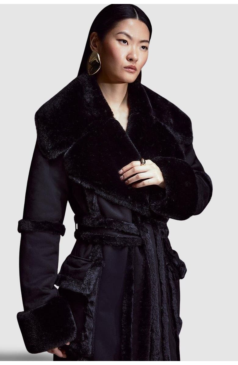 Karen Millen Faux Shearling Belted Maxi Coat, Alternate, color, Black