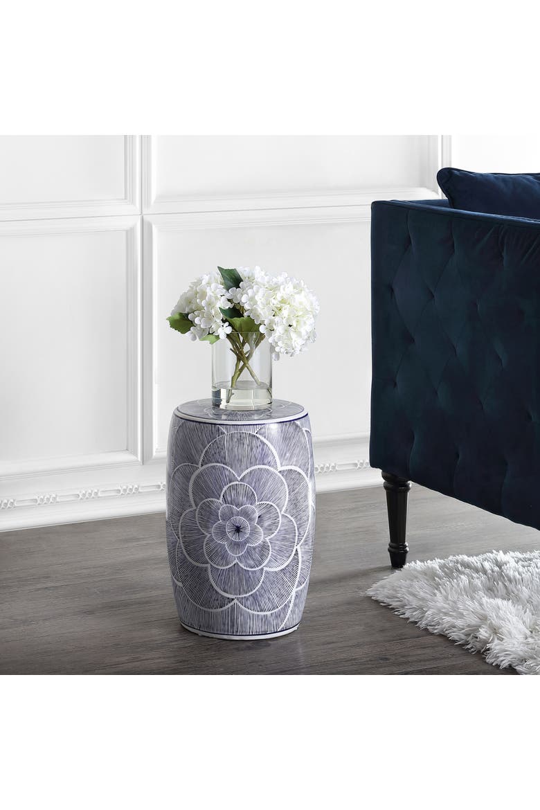 Camellia Traditional Floral Chinoiserie Ceramic Drum Garden Stool, Pierced Indoor/Outdoor Patio Seat & Side Table, Alternate, color, Blue