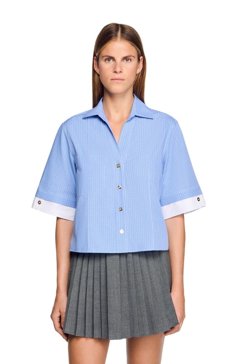 SANDRO Cropped small-check shirt, Alternate, color, Ciel / Blanc