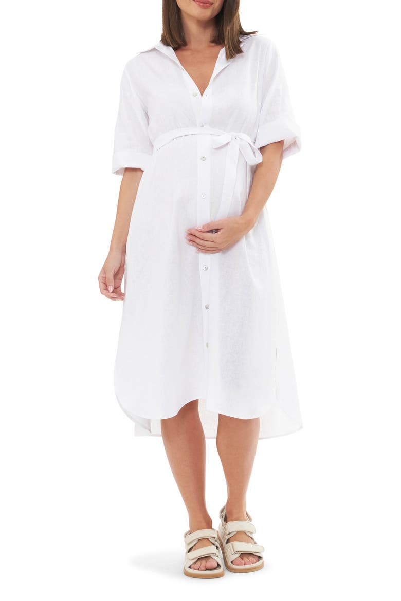 Joyce Belted Linen Blend Midi Maternity Shirtdress, Main, color, WHITE