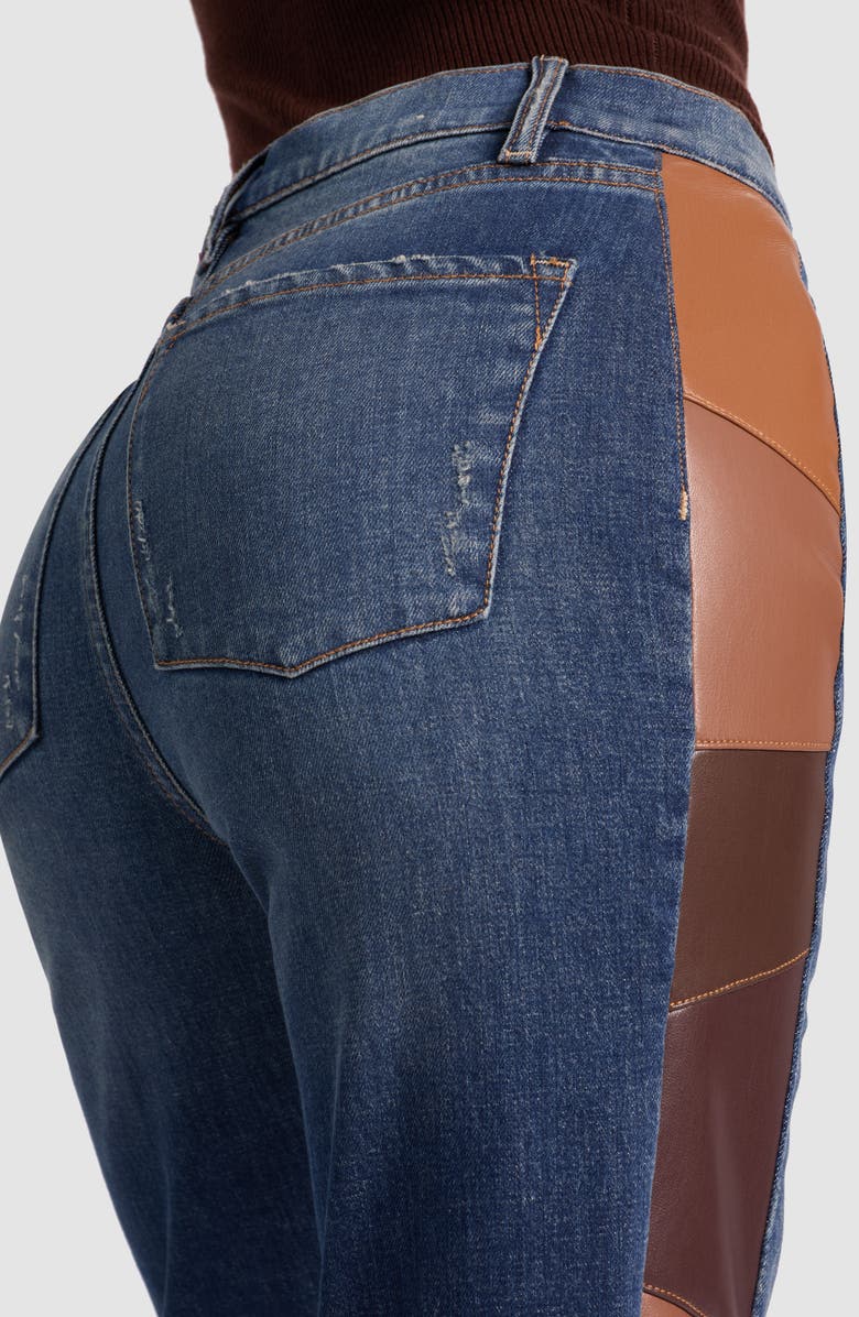 Alice + Olivia Faux Leather Patchwork Detail Flare Leg Jeans, Alternate, color,