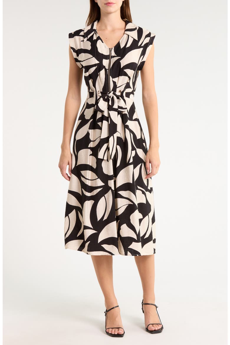 Cap Sleeve Front Zip Midi Dress, Main, color, BLACK/ TAUPE