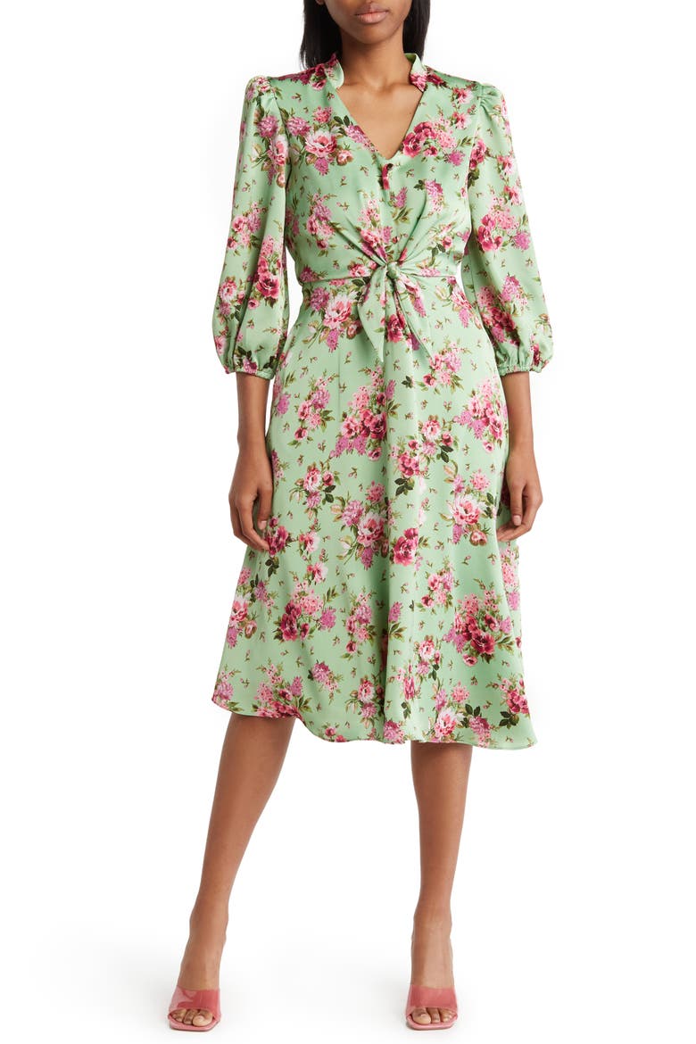 Floral Print Tie Front Long Sleeve Dress, Main, color, GREEN MULT