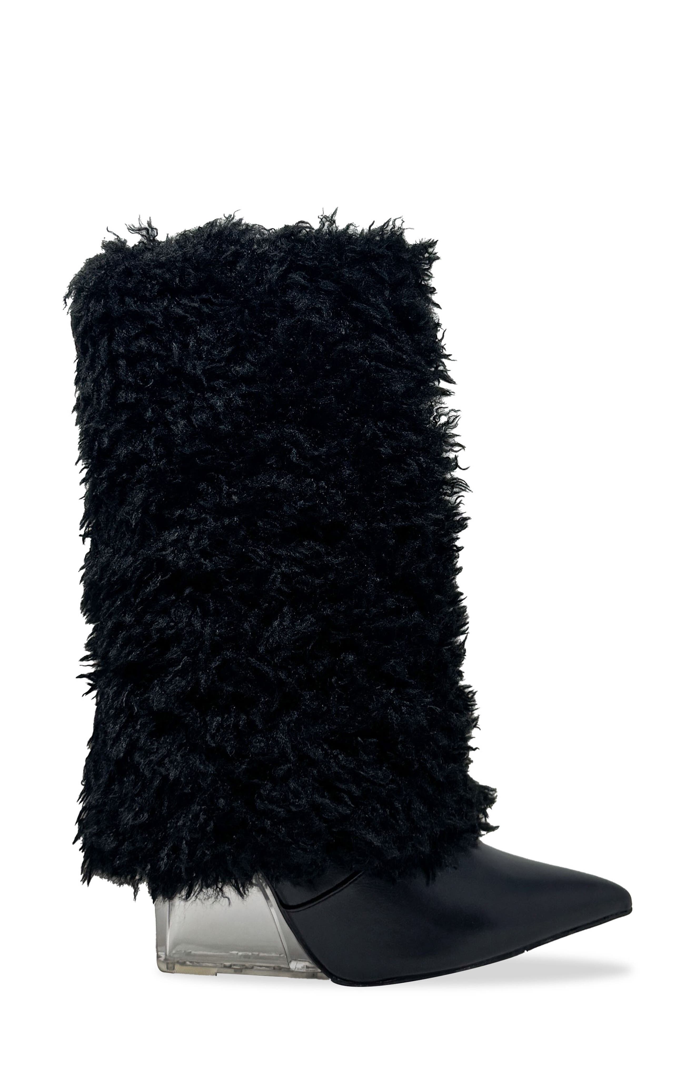 CHASE AND CHLOE Megham Faux Fur Wedge Heel Bootie, Alternate, color, Black