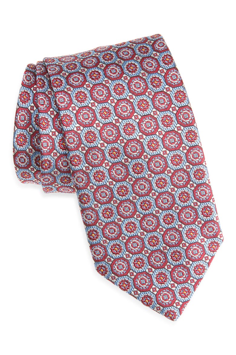 Neat Medallion Jacquard Silk & Cotton Tie, Main, color, RED