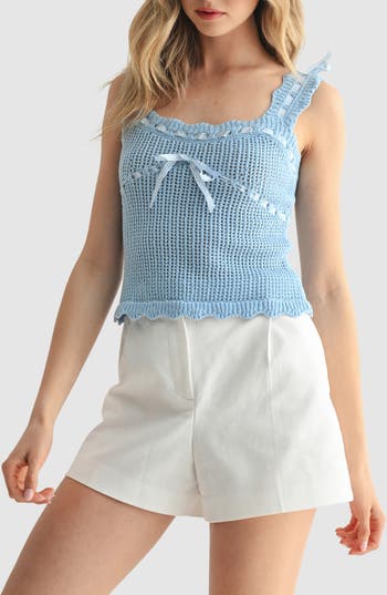 Lush Gingham Ribbon Open Knit Tank Top In Blue